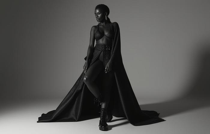 High fashion model posing in a studio for an editorial photoshoot